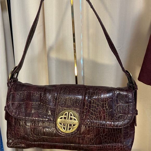 Kate Landry Handbags - Kate Landry Leather Croc-Embossed Shoulder Bag Burgundy Brass Teal interior